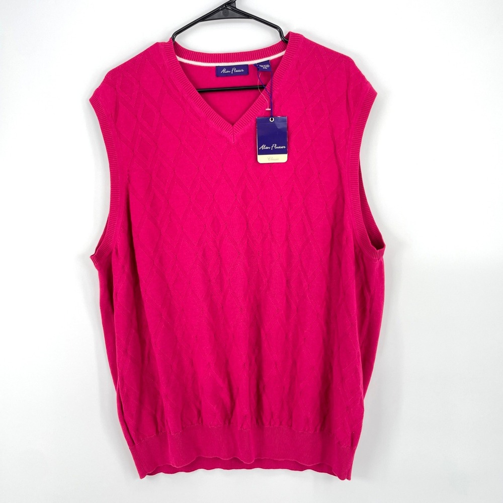 Alan Flusser V-Neck Sweater Vest Mens XXL Pink Cotton Diamond Knit NWT